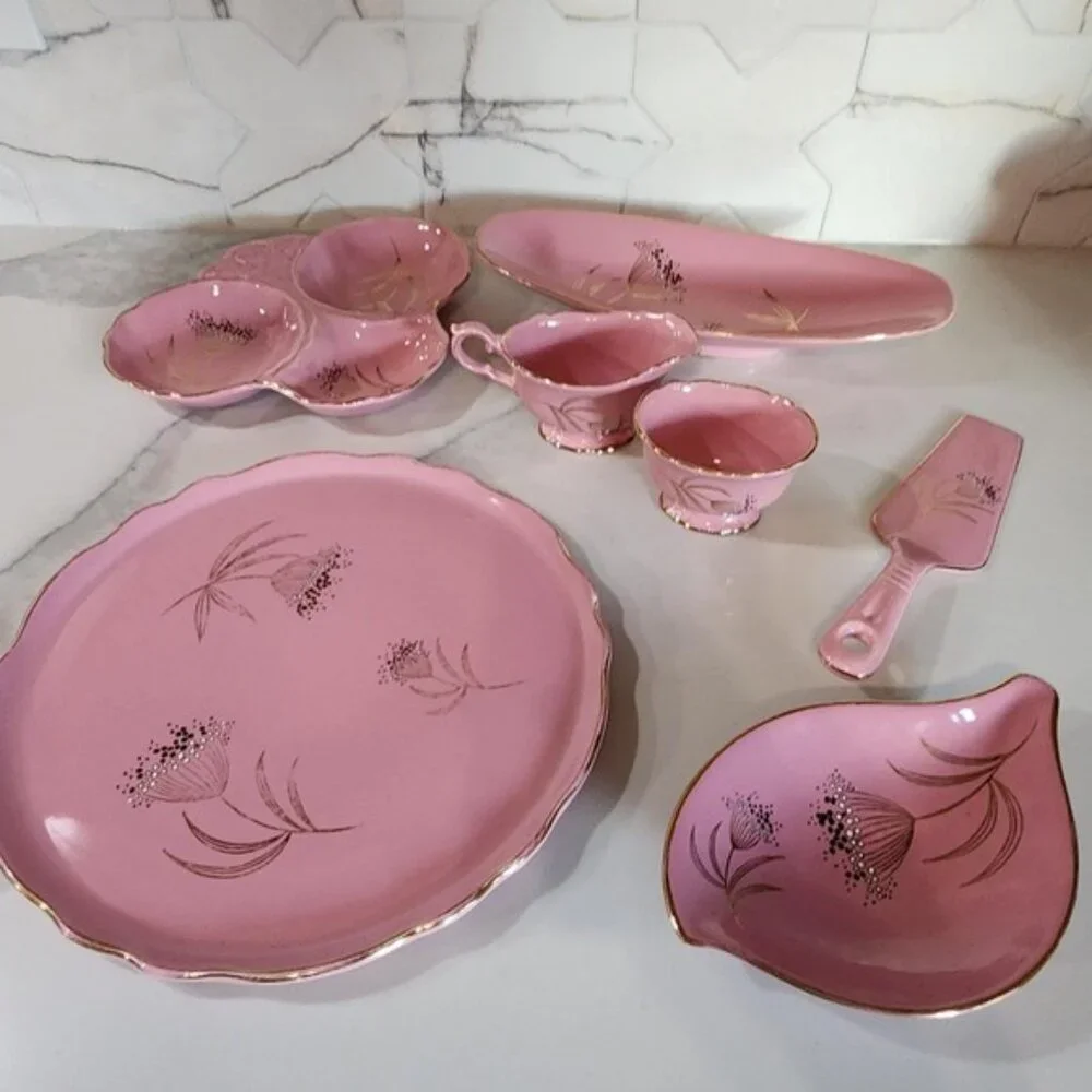 James Kent Old Foley Ballerina 5484 Pink Gold Gilt Serving Set 8pc Staffordshire